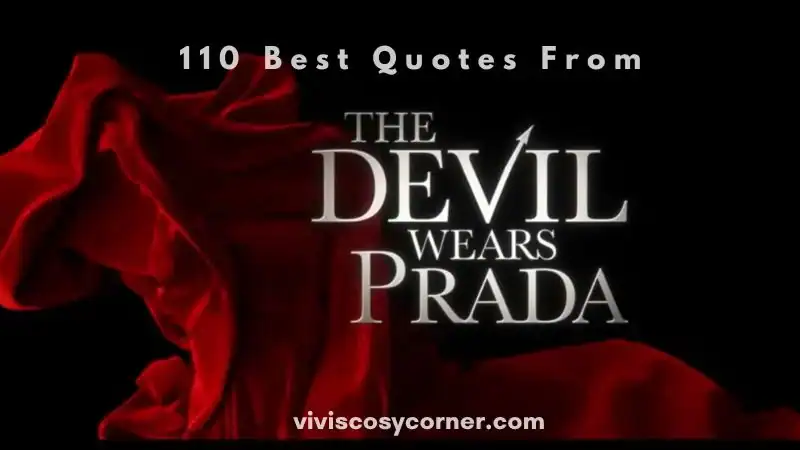 Graphic for an article: '110 Best Quotes From The Devil Wears Prada' with a red rose on black background