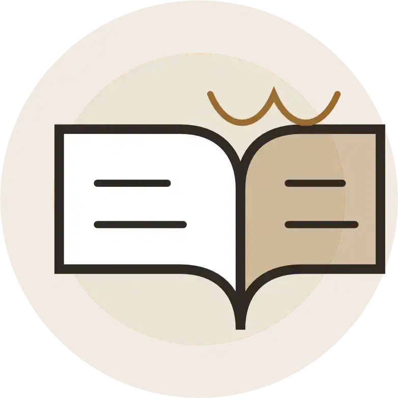Open book icon centered in a brown circular badge, representing reading or literacy.