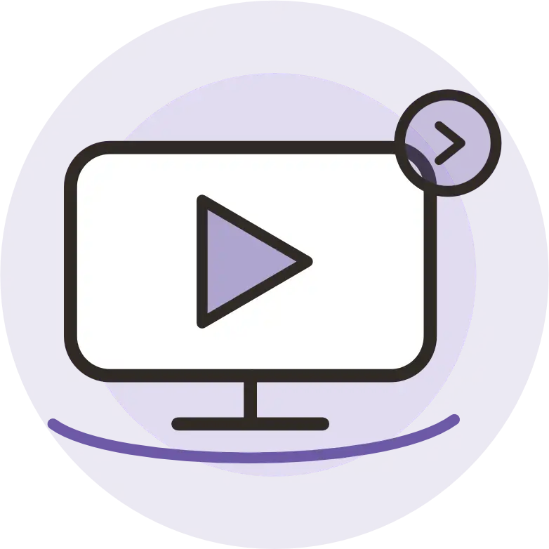 Video player icon showing a monitor with a play button on a purple circle background.