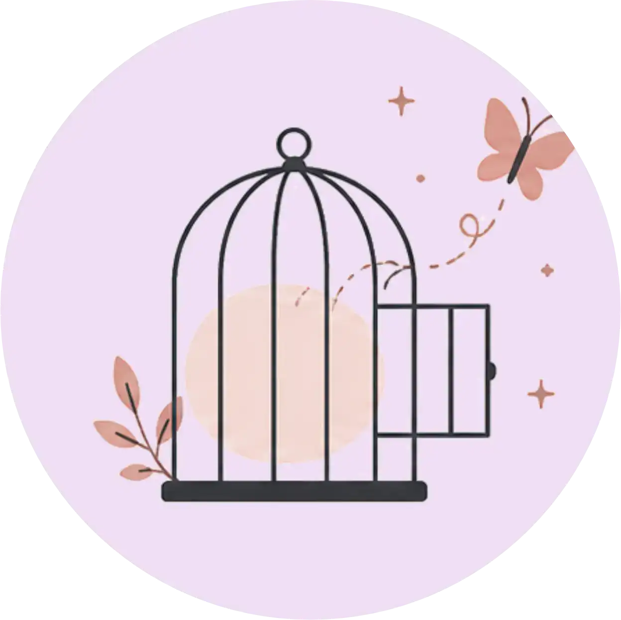 Open birdcage with a butterfly and pastel background, conveying whimsy and freedom (decorative image).