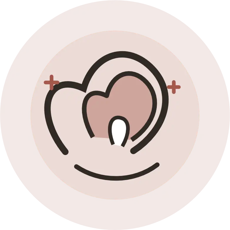 Circular badge featuring a stylized heart with curved lines suggesting embrace and care
