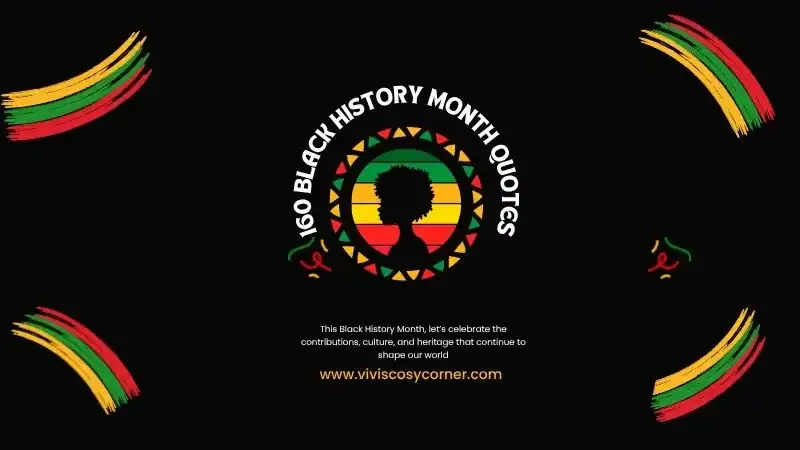 Promotional Black History Month artwork: a circular emblem with a silhouetted figure against a striped sunset, surrounded by a geometric border; four colorful corner brush strokes on a black background, plus a celebratory message and website link.