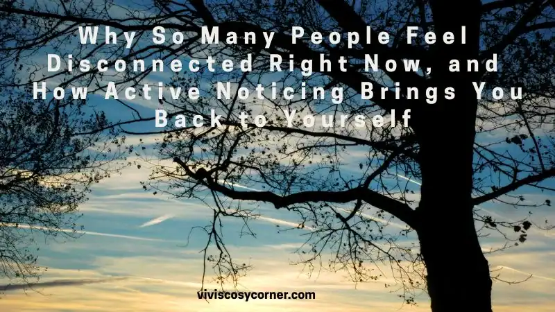 Sunset sky behind a silhouetted tree with a white headline about feeling disconnected and reconnecting through mindful noticing.