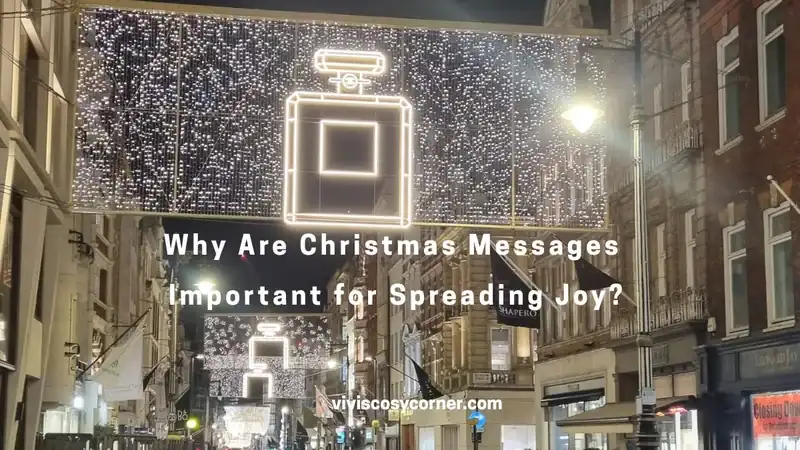 Night street scene at night with festive string lights and large neon bottle shapes; an overlaid banner reads 'Why Are Christmas Messages Important for Spreading Joy?' and includes a site name.