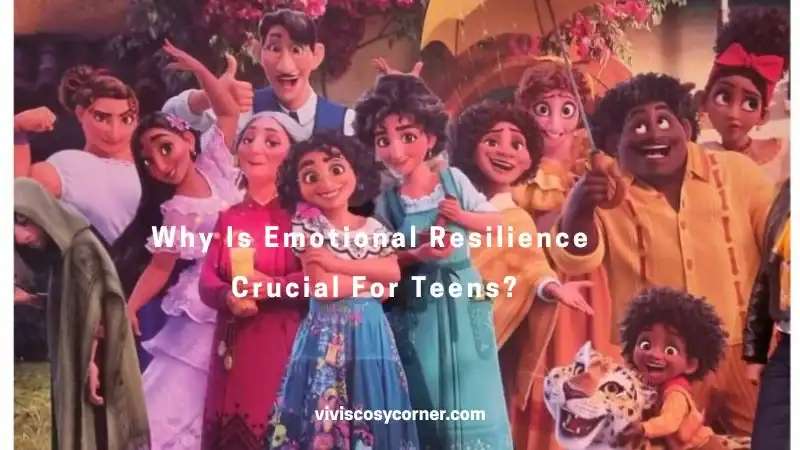 Colorful group of diverse teens and adults smiling in a festive setting, with the title text 'Why Is Emotional Resilience Crucial For Teens?' overlaid.