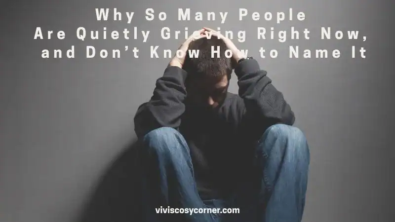 Person sitting on the floor with head in hands in a hoodie, against a gray wall; overlaid headline about quiet grieving and naming it