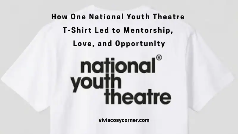 White T-shirt featuring the National Youth Theatre logo, with the headline about mentorship and opportunity printed above it and the site vivisocycorner.com below.