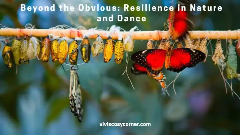 Banner image: row of chrysalises on a twig with a red-black butterfly, overlaid with 'Beyond the Obvious: Resilience in Nature and Dance'.