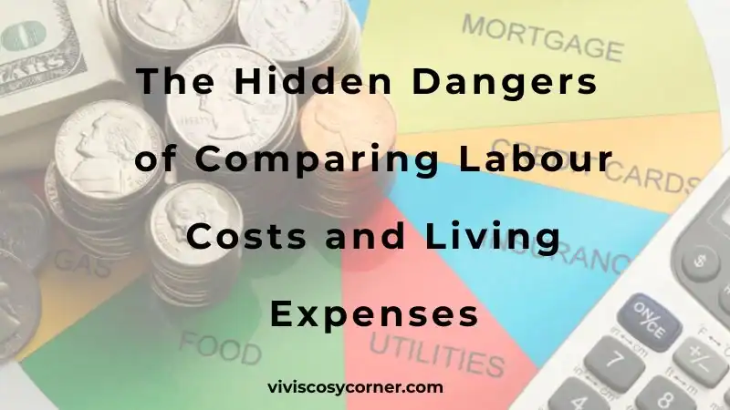 Cover showing coins, a colorful expense pie chart, and a calculator; title: The Hidden Dangers of Comparing Labour Costs and Living Expenses; viviscosycorner.com